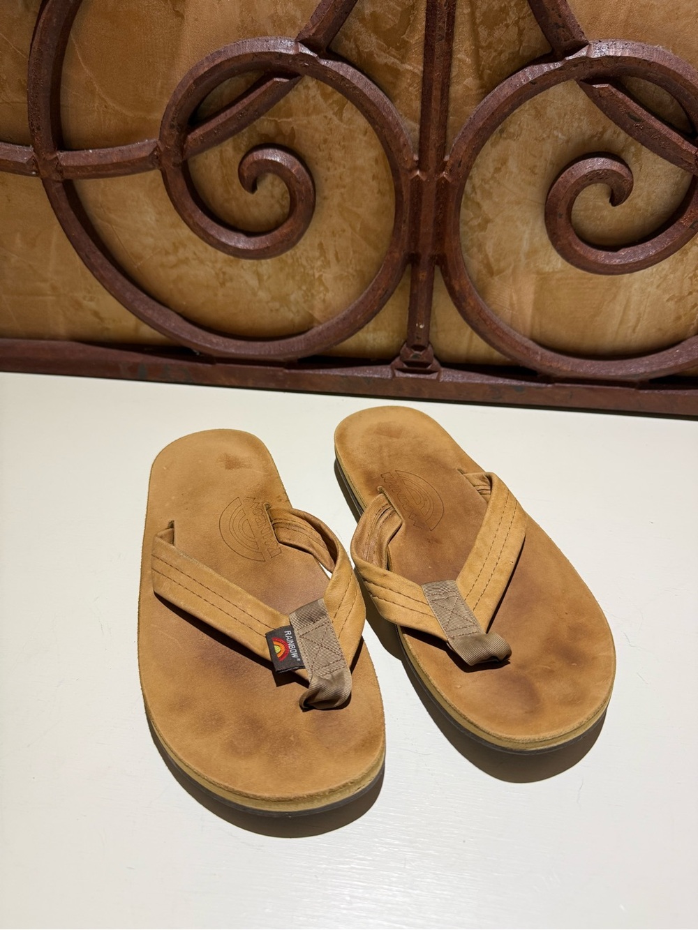 Rainbow Tan Brown Men’s Suede Flip Flop Sandals